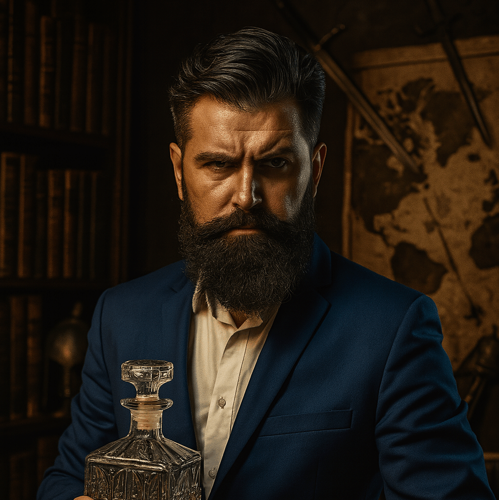 Monty Blackwood, the bearded senior editorialist of the Post Meridiem Post, stands in a richly appointed study wearing a royal blue suit and holding a crystal decanter of bourbon, with antique books and a map behind him.